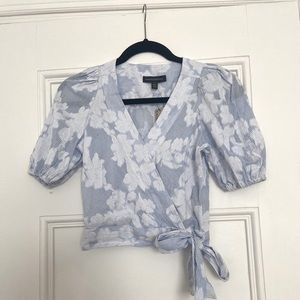 Banana Republic Wrap Cropped Puff-Sleeve Floral Blue Blouse Petite XXS